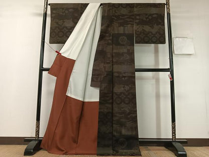 平和屋着物●上質な紬　百柄　横段文　ロング丈　正絹　逸品　CABD8155vp
