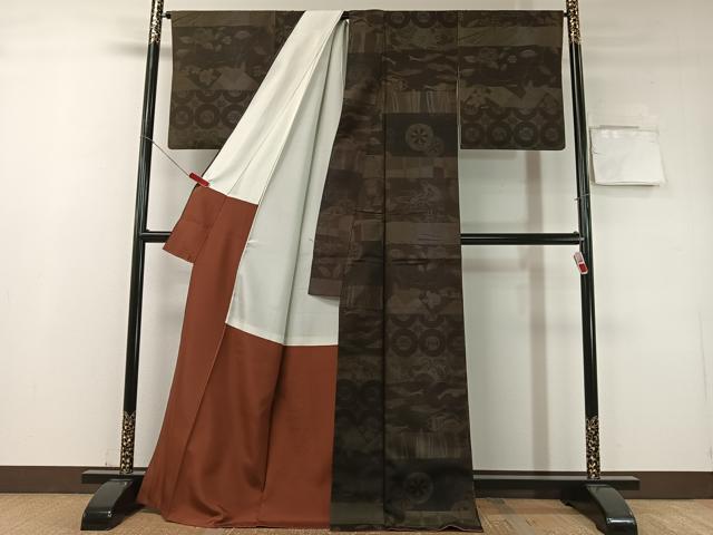 平和屋着物●上質な紬　百柄　横段文　ロング丈　正絹　逸品　CABD8155vp