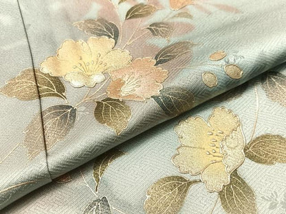 平和屋着物●訪問着　草花文　暈し染め　金銀彩　ロング丈　正絹　逸品　未使用　CABD8160vp