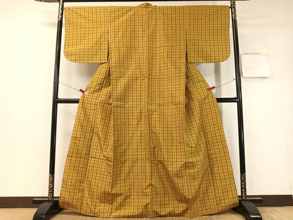 平和屋着物●本場黄八丈　平織　格子柄　正絹　逸品　CABD8168vp