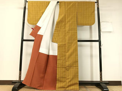 平和屋着物●本場黄八丈　平織　格子柄　正絹　逸品　CABD8168vp