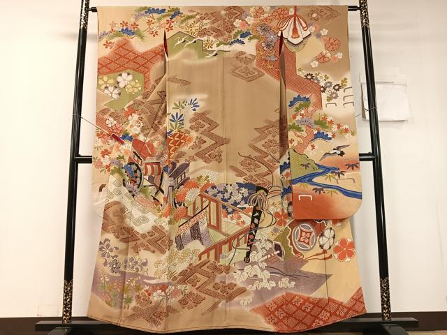 平和屋本店●アンティーク　大正ロマン　振袖　駒刺繍　御所車吉祥花文　暈し染め　金銀彩　正絹　逸品　CABD8172vp