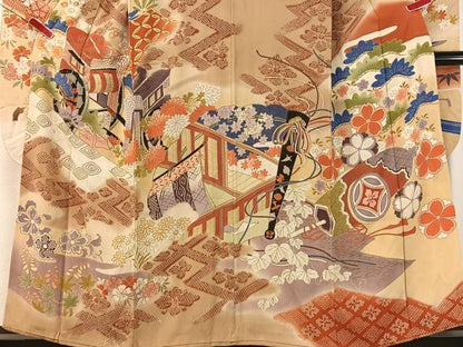 平和屋本店●アンティーク　大正ロマン　振袖　駒刺繍　御所車吉祥花文　暈し染め　金銀彩　正絹　逸品　CABD8172vp
