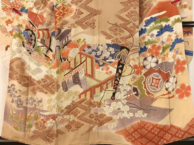 平和屋本店●アンティーク　大正ロマン　振袖　駒刺繍　御所車吉祥花文　暈し染め　金銀彩　正絹　逸品　CABD8172vp