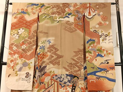 平和屋本店●アンティーク　大正ロマン　振袖　駒刺繍　御所車吉祥花文　暈し染め　金銀彩　正絹　逸品　CABD8172vp