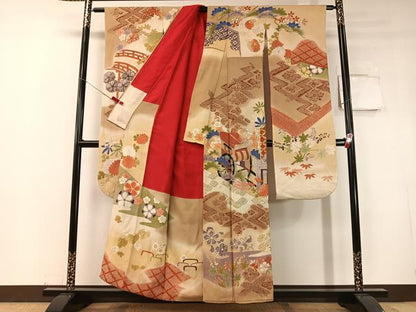 平和屋本店●アンティーク　大正ロマン　振袖　駒刺繍　御所車吉祥花文　暈し染め　金銀彩　正絹　逸品　CABD8172vp