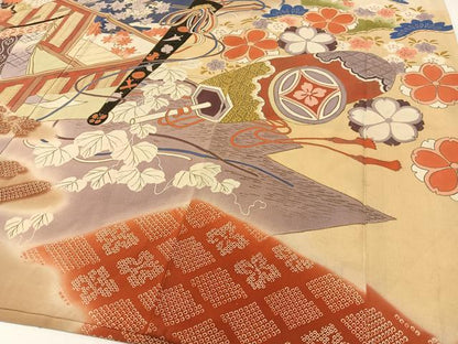 平和屋本店●アンティーク　大正ロマン　振袖　駒刺繍　御所車吉祥花文　暈し染め　金銀彩　正絹　逸品　CABD8172vp