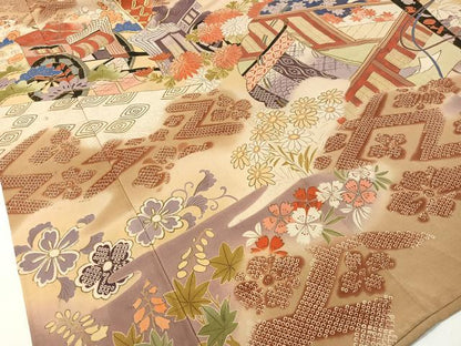 平和屋本店●アンティーク　大正ロマン　振袖　駒刺繍　御所車吉祥花文　暈し染め　金銀彩　正絹　逸品　CABD8172vp