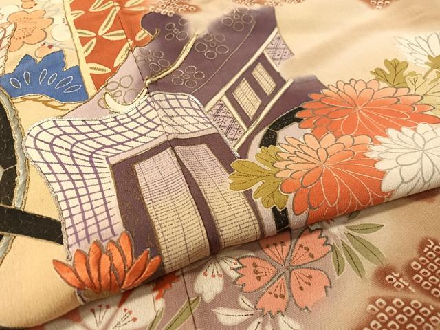 平和屋本店●アンティーク　大正ロマン　振袖　駒刺繍　御所車吉祥花文　暈し染め　金銀彩　正絹　逸品　CABD8172vp
