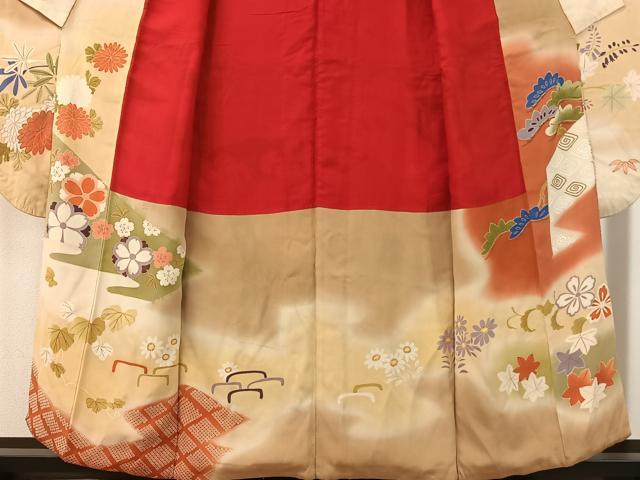 平和屋本店●アンティーク　大正ロマン　振袖　駒刺繍　御所車吉祥花文　暈し染め　金銀彩　正絹　逸品　CABD8172vp