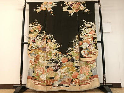 平和屋本店●アンティーク　大正ロマン　振袖　駒刺繍　霞几帳花文　黒地　金彩　正絹　逸品　CABD8174vp