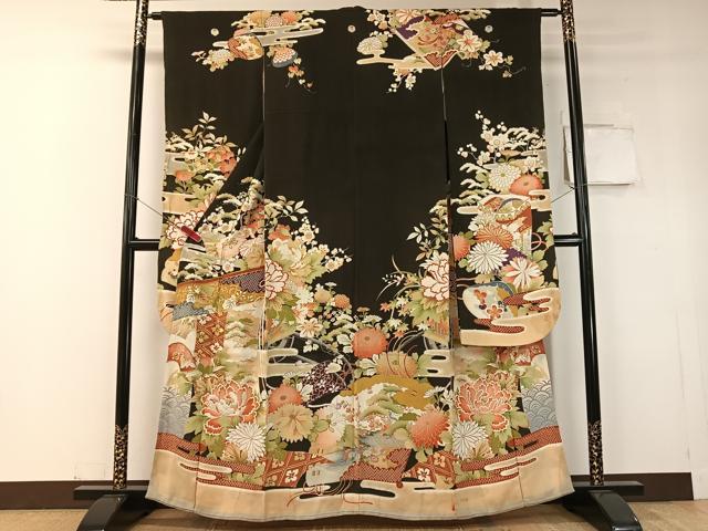 平和屋本店●アンティーク　大正ロマン　振袖　駒刺繍　霞几帳花文　黒地　金彩　正絹　逸品　CABD8174vp
