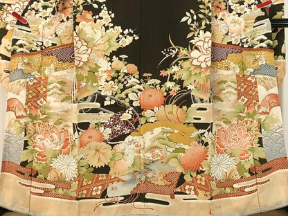 平和屋本店●アンティーク　大正ロマン　振袖　駒刺繍　霞几帳花文　黒地　金彩　正絹　逸品　CABD8174vp