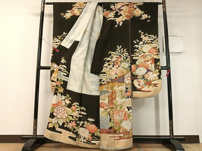平和屋本店●アンティーク　大正ロマン　振袖　駒刺繍　霞几帳花文　黒地　金彩　正絹　逸品　CABD8174vp