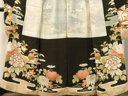 平和屋本店●アンティーク　大正ロマン　振袖　駒刺繍　霞几帳花文　黒地　金彩　正絹　逸品　CABD8174vp