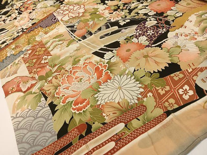 平和屋本店●アンティーク　大正ロマン　振袖　駒刺繍　霞几帳花文　黒地　金彩　正絹　逸品　CABD8174vp