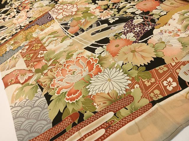 平和屋本店●アンティーク　大正ロマン　振袖　駒刺繍　霞几帳花文　黒地　金彩　正絹　逸品　CABD8174vp