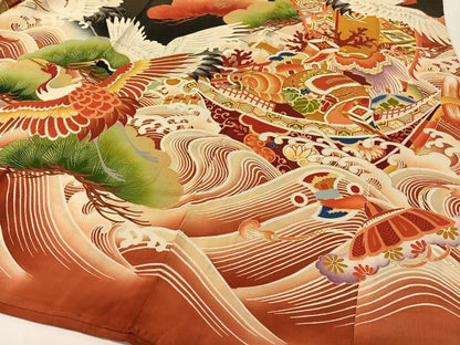 平和屋本店●アンティーク　大正ロマン　振袖　駒刺繍　飛鶴宝船浜松文　暈し染め　黒地　金彩　正絹　逸品　CABD8175vp