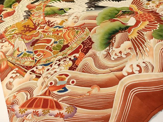 平和屋本店●アンティーク　大正ロマン　振袖　駒刺繍　飛鶴宝船浜松文　暈し染め　黒地　金彩　正絹　逸品　CABD8175vp