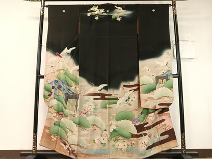 平和屋本店●アンティーク　大正ロマン　振袖　中国三大刺繍　相良刺繍　御所車飛鶴花松文　暈し染め　黒地　金糸　正絹　逸品　CABD8176vp