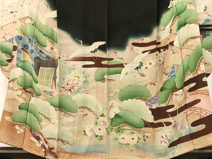 平和屋本店●アンティーク　大正ロマン　振袖　中国三大刺繍　相良刺繍　御所車飛鶴花松文　暈し染め　黒地　金糸　正絹　逸品　CABD8176vp