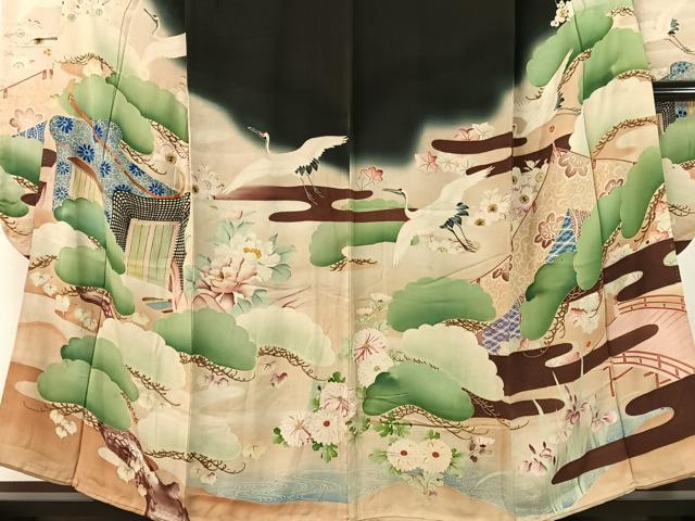 平和屋本店●アンティーク　大正ロマン　振袖　中国三大刺繍　相良刺繍　御所車飛鶴花松文　暈し染め　黒地　金糸　正絹　逸品　CABD8176vp