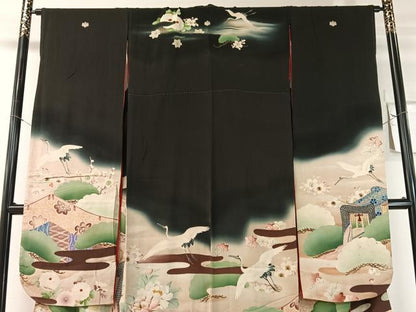 平和屋本店●アンティーク　大正ロマン　振袖　中国三大刺繍　相良刺繍　御所車飛鶴花松文　暈し染め　黒地　金糸　正絹　逸品　CABD8176vp