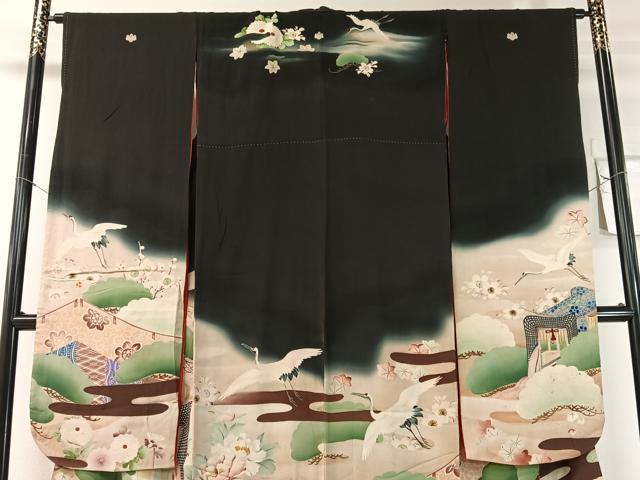 平和屋本店●アンティーク　大正ロマン　振袖　中国三大刺繍　相良刺繍　御所車飛鶴花松文　暈し染め　黒地　金糸　正絹　逸品　CABD8176vp