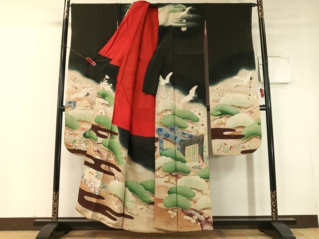 平和屋本店●アンティーク　大正ロマン　振袖　中国三大刺繍　相良刺繍　御所車飛鶴花松文　暈し染め　黒地　金糸　正絹　逸品　CABD8176vp
