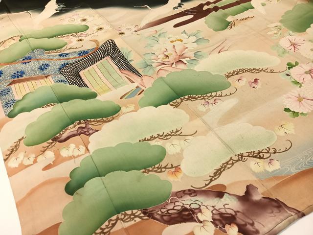 平和屋本店●アンティーク　大正ロマン　振袖　中国三大刺繍　相良刺繍　御所車飛鶴花松文　暈し染め　黒地　金糸　正絹　逸品　CABD8176vp