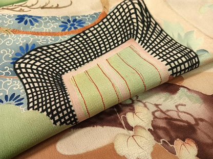 平和屋本店●アンティーク　大正ロマン　振袖　中国三大刺繍　相良刺繍　御所車飛鶴花松文　暈し染め　黒地　金糸　正絹　逸品　CABD8176vp