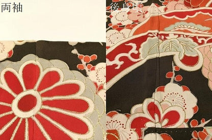 平和屋本店●アンティーク　大正ロマン　振袖　駒刺繍　飛鶴吉祥花文　黒地　金彩　正絹　逸品　CABD8177vp