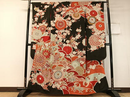 平和屋本店●アンティーク　大正ロマン　振袖　駒刺繍　飛鶴吉祥花文　黒地　金彩　正絹　逸品　CABD8177vp