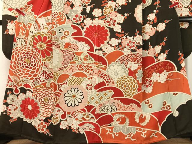 平和屋本店●アンティーク　大正ロマン　振袖　駒刺繍　飛鶴吉祥花文　黒地　金彩　正絹　逸品　CABD8177vp