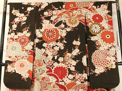 平和屋本店●アンティーク　大正ロマン　振袖　駒刺繍　飛鶴吉祥花文　黒地　金彩　正絹　逸品　CABD8177vp