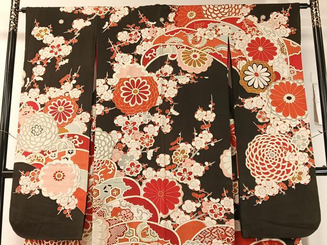 平和屋本店●アンティーク　大正ロマン　振袖　駒刺繍　飛鶴吉祥花文　黒地　金彩　正絹　逸品　CABD8177vp