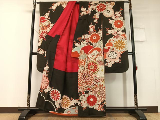 平和屋本店●アンティーク　大正ロマン　振袖　駒刺繍　飛鶴吉祥花文　黒地　金彩　正絹　逸品　CABD8177vp