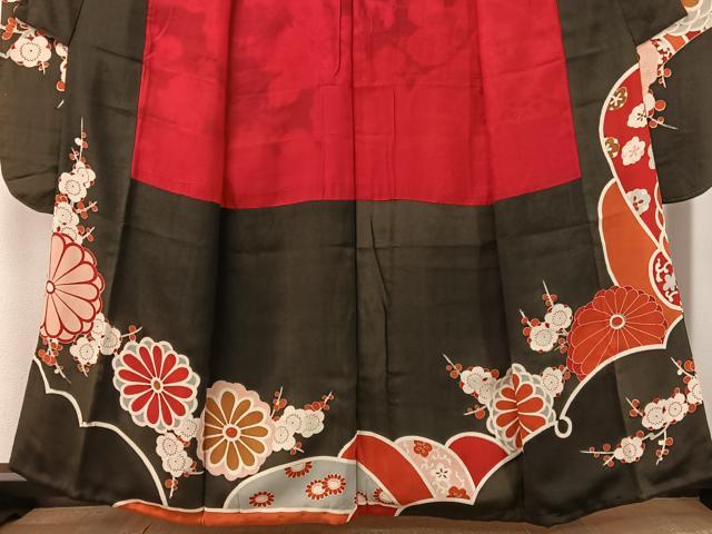 平和屋本店●アンティーク　大正ロマン　振袖　駒刺繍　飛鶴吉祥花文　黒地　金彩　正絹　逸品　CABD8177vp