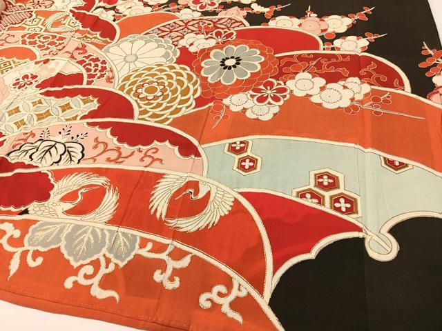 平和屋本店●アンティーク　大正ロマン　振袖　駒刺繍　飛鶴吉祥花文　黒地　金彩　正絹　逸品　CABD8177vp
