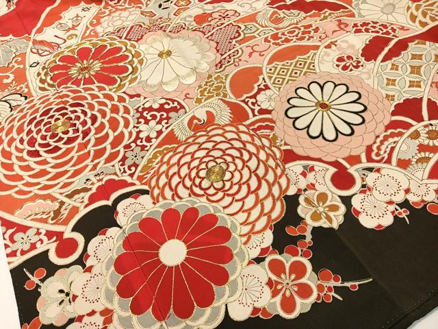 平和屋本店●アンティーク　大正ロマン　振袖　駒刺繍　飛鶴吉祥花文　黒地　金彩　正絹　逸品　CABD8177vp