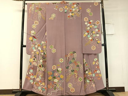 平和屋本店●アンティーク　大正ロマン　振袖　駒刺繍　亀甲藤花文　金彩　正絹　逸品　CABD8178vp
