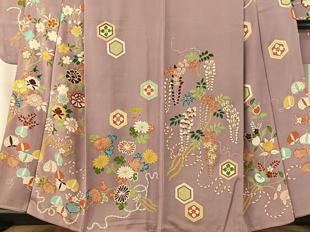 平和屋本店●アンティーク　大正ロマン　振袖　駒刺繍　亀甲藤花文　金彩　正絹　逸品　CABD8178vp