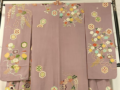 平和屋本店●アンティーク　大正ロマン　振袖　駒刺繍　亀甲藤花文　金彩　正絹　逸品　CABD8178vp
