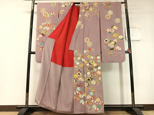 平和屋本店●アンティーク　大正ロマン　振袖　駒刺繍　亀甲藤花文　金彩　正絹　逸品　CABD8178vp