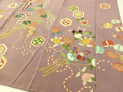 平和屋本店●アンティーク　大正ロマン　振袖　駒刺繍　亀甲藤花文　金彩　正絹　逸品　CABD8178vp
