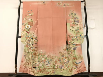 平和屋本店●アンティーク　大正ロマン　振袖　駒刺繍　貝合わせ花束文　暈し染め　金彩　正絹　逸品　CABD8179vp