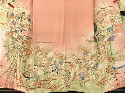 平和屋本店●アンティーク　大正ロマン　振袖　駒刺繍　貝合わせ花束文　暈し染め　金彩　正絹　逸品　CABD8179vp