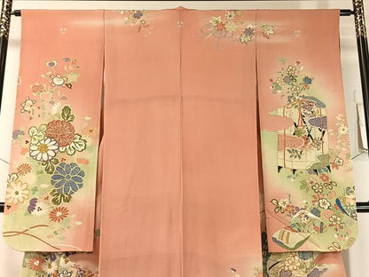 平和屋本店●アンティーク　大正ロマン　振袖　駒刺繍　貝合わせ花束文　暈し染め　金彩　正絹　逸品　CABD8179vp