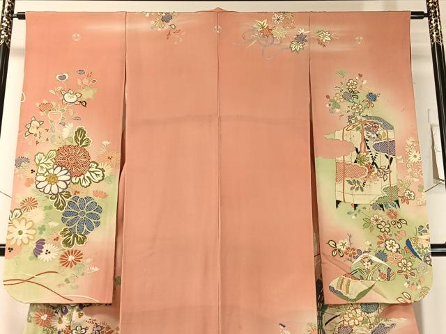 平和屋本店●アンティーク　大正ロマン　振袖　駒刺繍　貝合わせ花束文　暈し染め　金彩　正絹　逸品　CABD8179vp