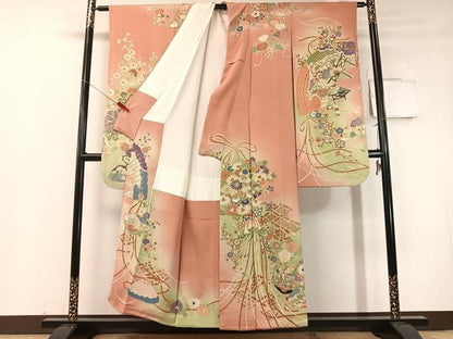 平和屋本店●アンティーク　大正ロマン　振袖　駒刺繍　貝合わせ花束文　暈し染め　金彩　正絹　逸品　CABD8179vp